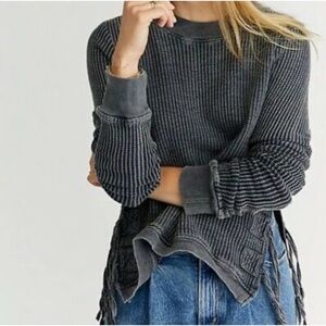 Free People Interlaken black long sleeve thermal with tie accents.